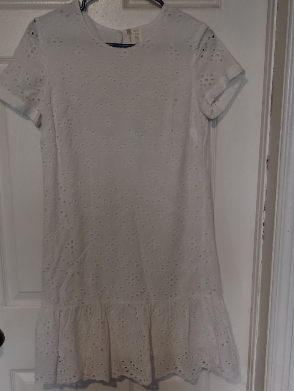 White Eyelet Short Sleeve Ruffle Mini Dress - Boho Chic Summer Sundress. Size S